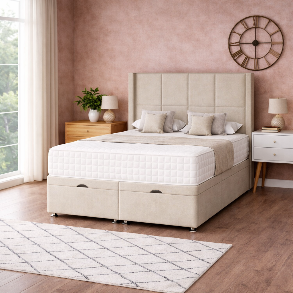 3 panel ottoman storage divan bed with floor standing wing headboard 3 panel ottoman storage divan bed with floor standing wing headboard