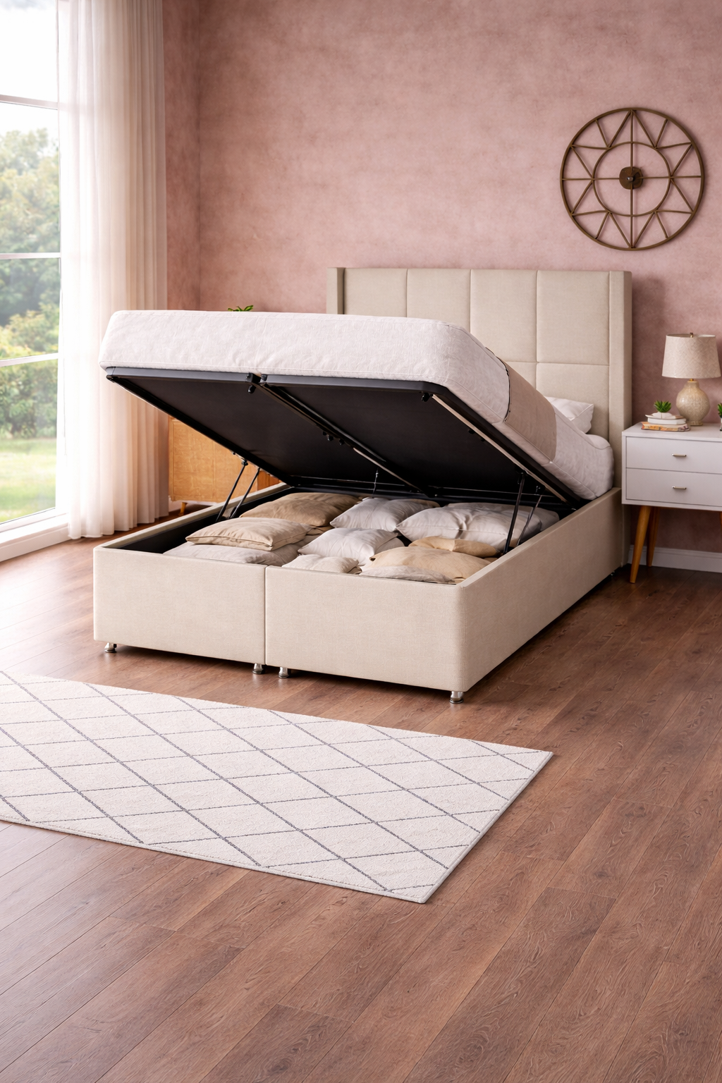 3 panel ottoman storage divan bed with floor standing wing headboard 3 panel ottoman storage divan bed with floor standing wing headboard