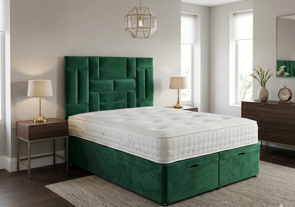 medusa ottoman storage divan bed finished with a 54'' floorstanding multi panel headboard medusa ottoman storage divan bed finished with a 54'' floorstanding multi panel headboard